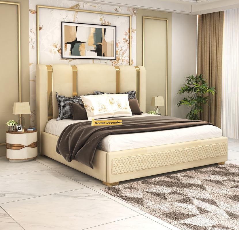 Image of MAMTA DECORATION Solid Wood Queen Size Bed for Bedroom with Box Storage | Premium Velvet Upholstered Tufted Headboard | Modern Double Cot Bed for Home, Hotels & Guest Room | Beige Finish