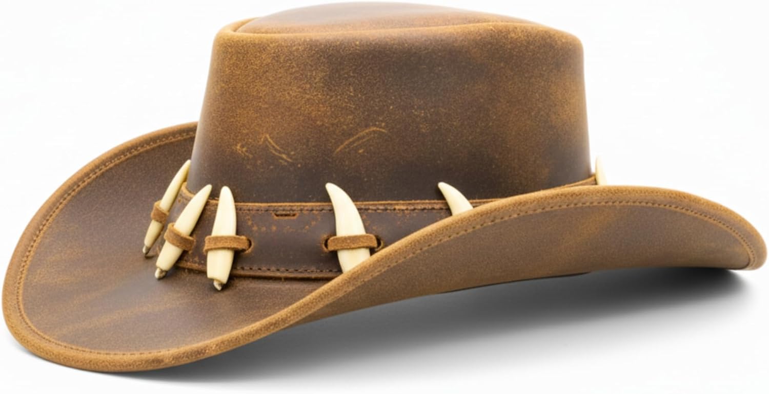 RESISTANCE Australian Style Leather Hat with Crocodile Band Teeth - Dundee Style | Outback Hat for Men and Women