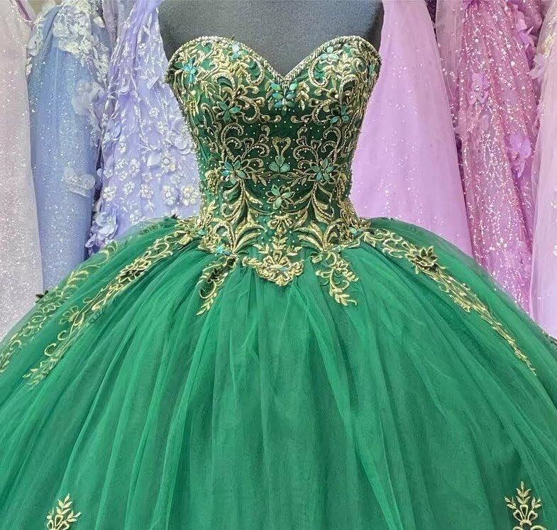 Miniatura 4 de Vestido de fiesta de quinceañera bordado dorado vestido de baile de novia vestido de satén hasta el suelo corsé 2023
