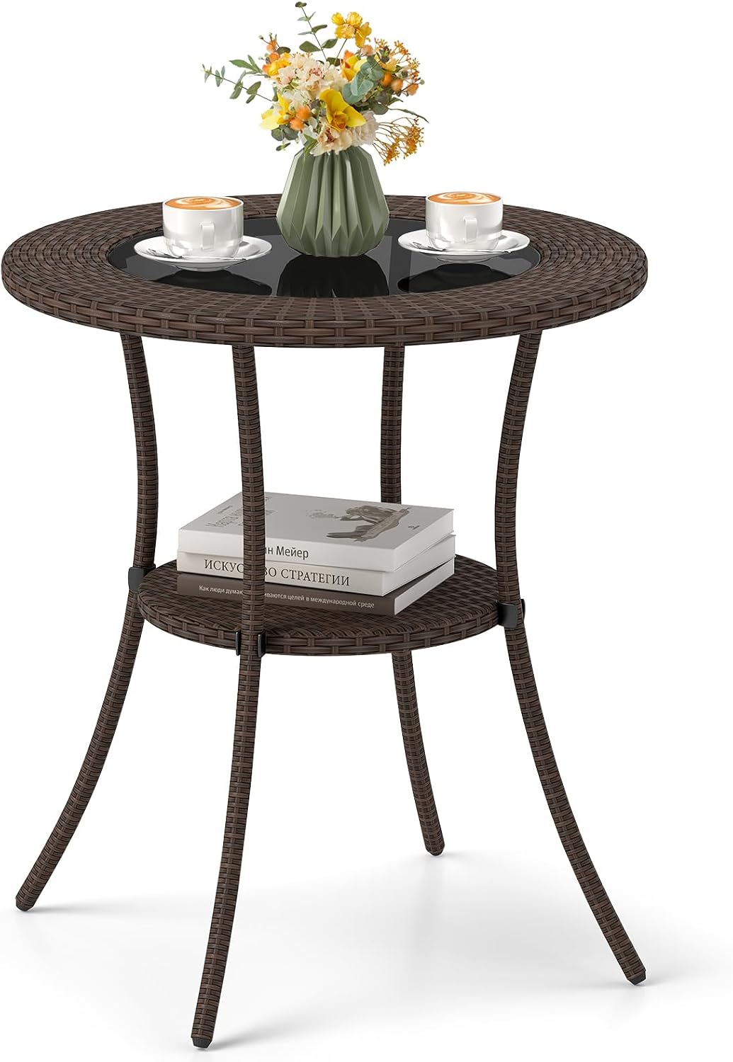HAPPYGRILL Outdoor Side Table with Storage, PE Wicker Patio Bistro Table with Tempered Glass Tabletop, 25.5 Inch Round Coffee Table for Balcony, Porch, Backyard, Garden