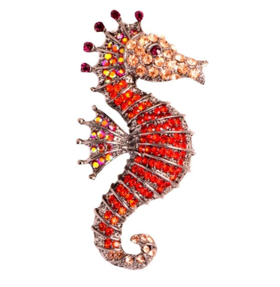 Bopely Women's Red Rhinestone Seahorse Brooches Sea Animal Brooch Pins Bling Sparkling Pin Office Casual Gifts For Girls