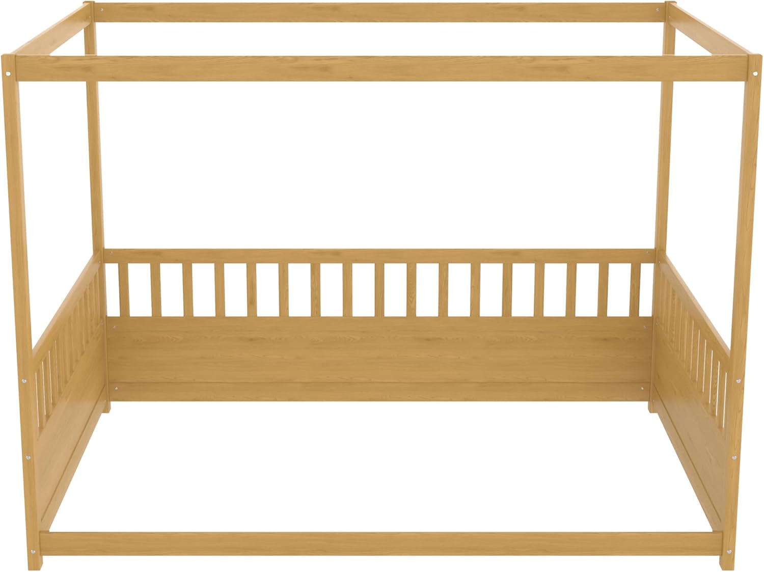 Full Size Canopy Bed with Guardrails and Four Poster Design, Wood Montessori Floor Bed Frame for Girls, Boys, Kids, Teens, No Box Spring Needed, Easy Assemble, Natural Wood