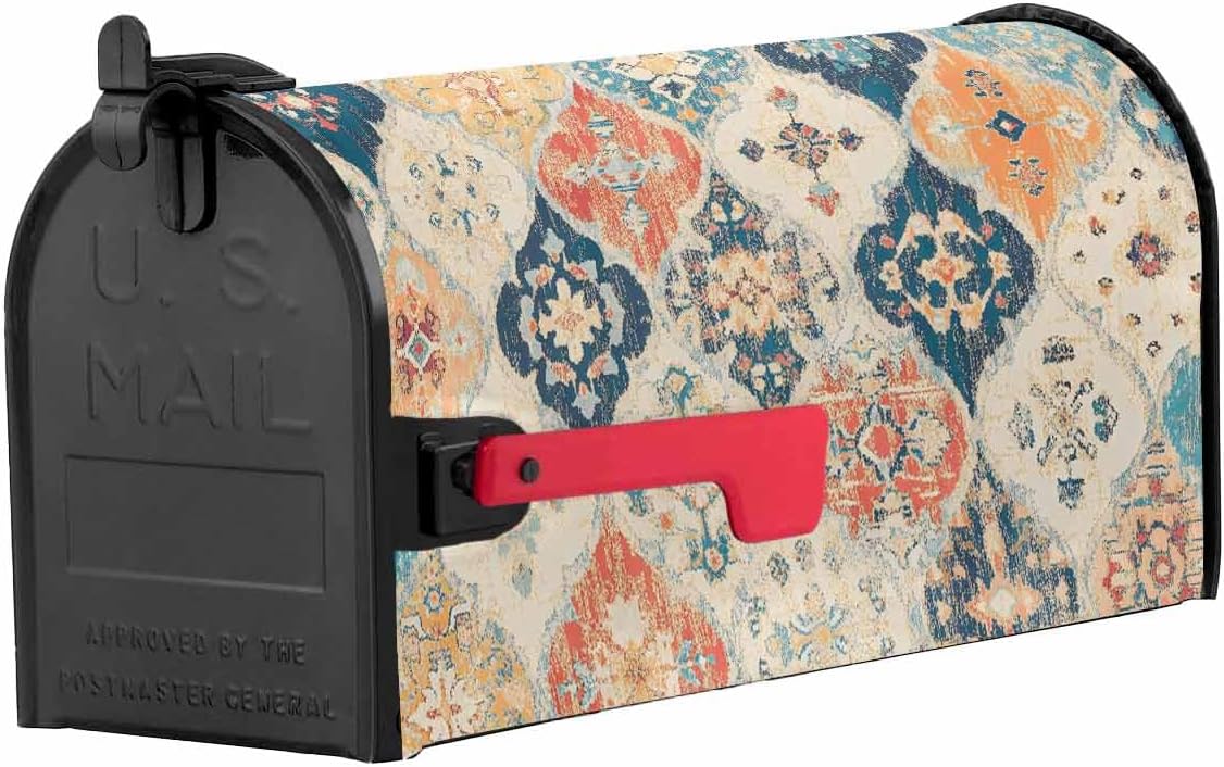 Retro Morocco Mailbox Covers Magnetic Standard Size, Colorful Rustic Abstract Shabby Texture Decorative Post Letter Numbers Box Wrap Decoration Covers Large Accessories for Garden Yard Outdoor Décor