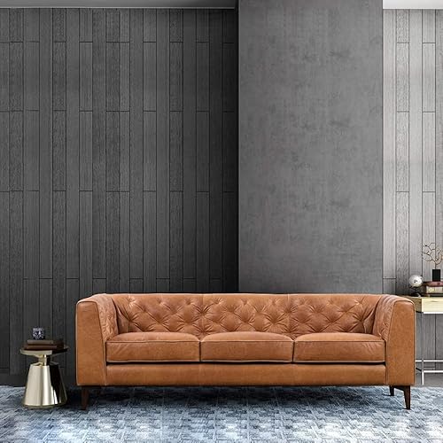 Poly & Bark Essex Leather Couch – 89-Inch Leather Sofa With Tufted Back - Full Grain Leather Couch With Feather-Down Topper On Seating Surfaces – Vintage Pure-Aniline Italian Leather – Cognac Tan #TOP1
