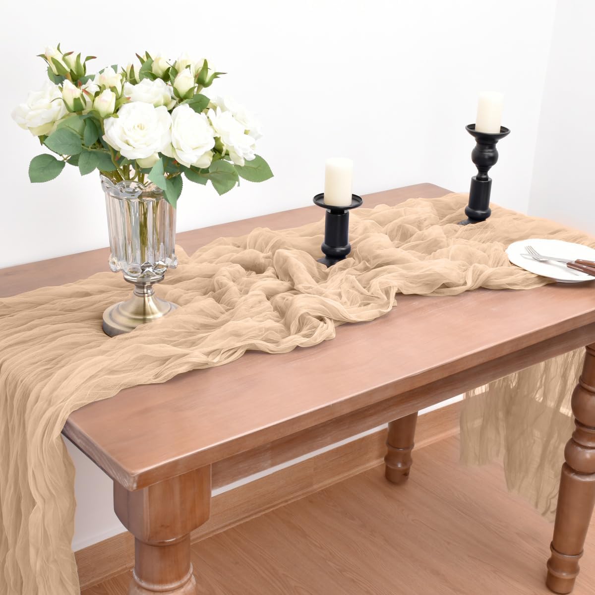 Joanlody Champagne Cheesecloth Table Runner Spring Easter 10Ft Rustic Gauze Boho Cheese Cloth Table Runner for Wedding Bridal Baby Shower Decoration 4 Pack