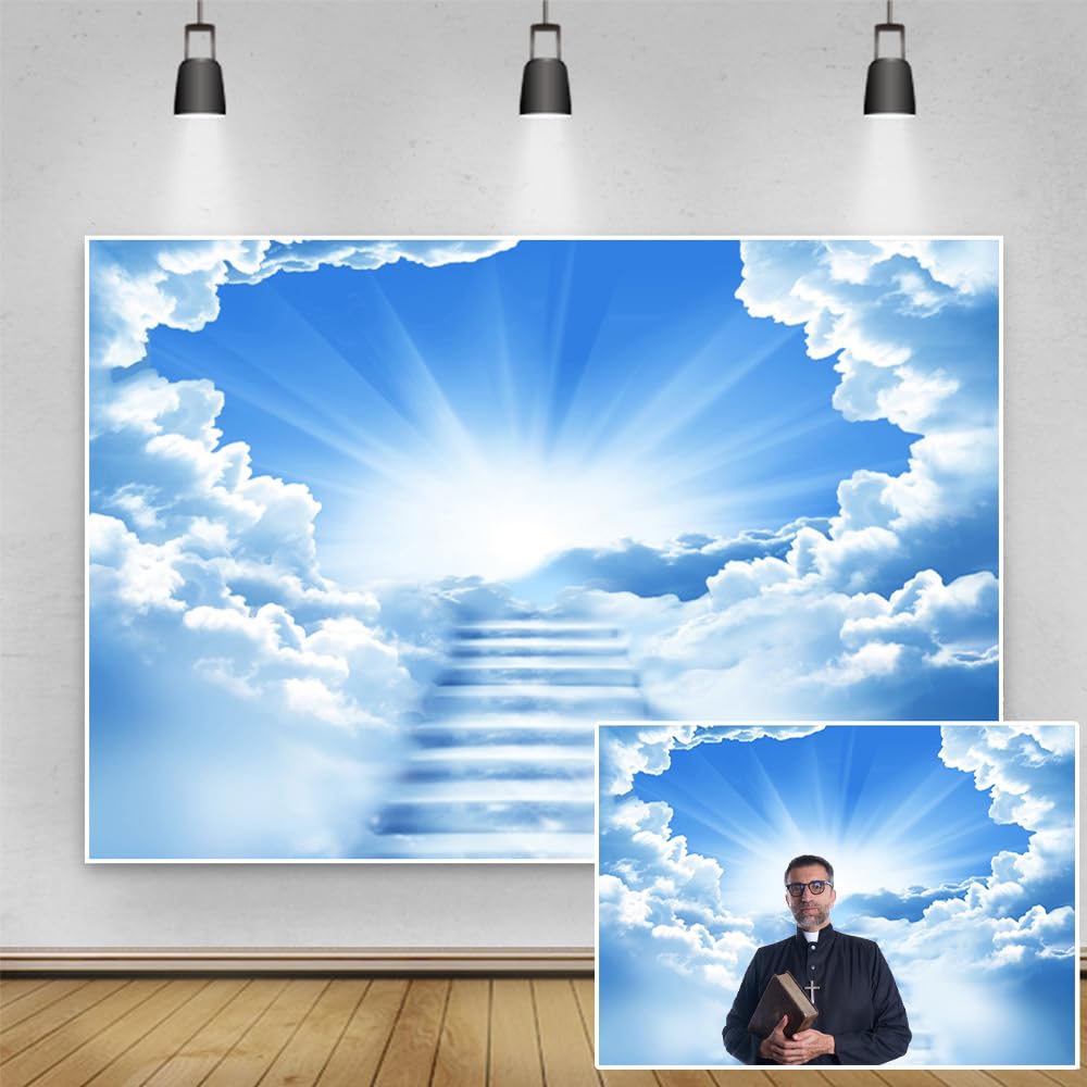 TTQYFNM 10x8ft Heaven Backdrops Staircase to Heaven Paradise Holy Light Blue Sky Clouds Heaven Sent Theme Photography Background for Baby Shower Church Event Party Decoration Rest in Peace Backdrop