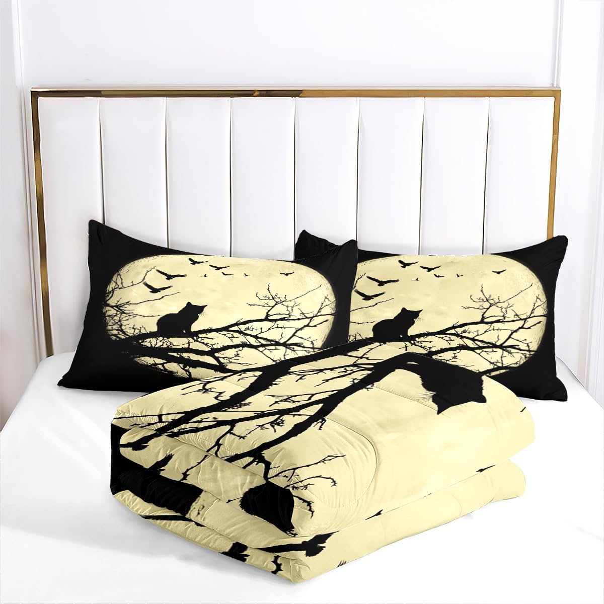 Black White Comforter Set Twin Size Cat Bedding Set Pet Lovers Animal Pattern Comforter 2 Piece with 1 Pillowcase for Bedroom Decor