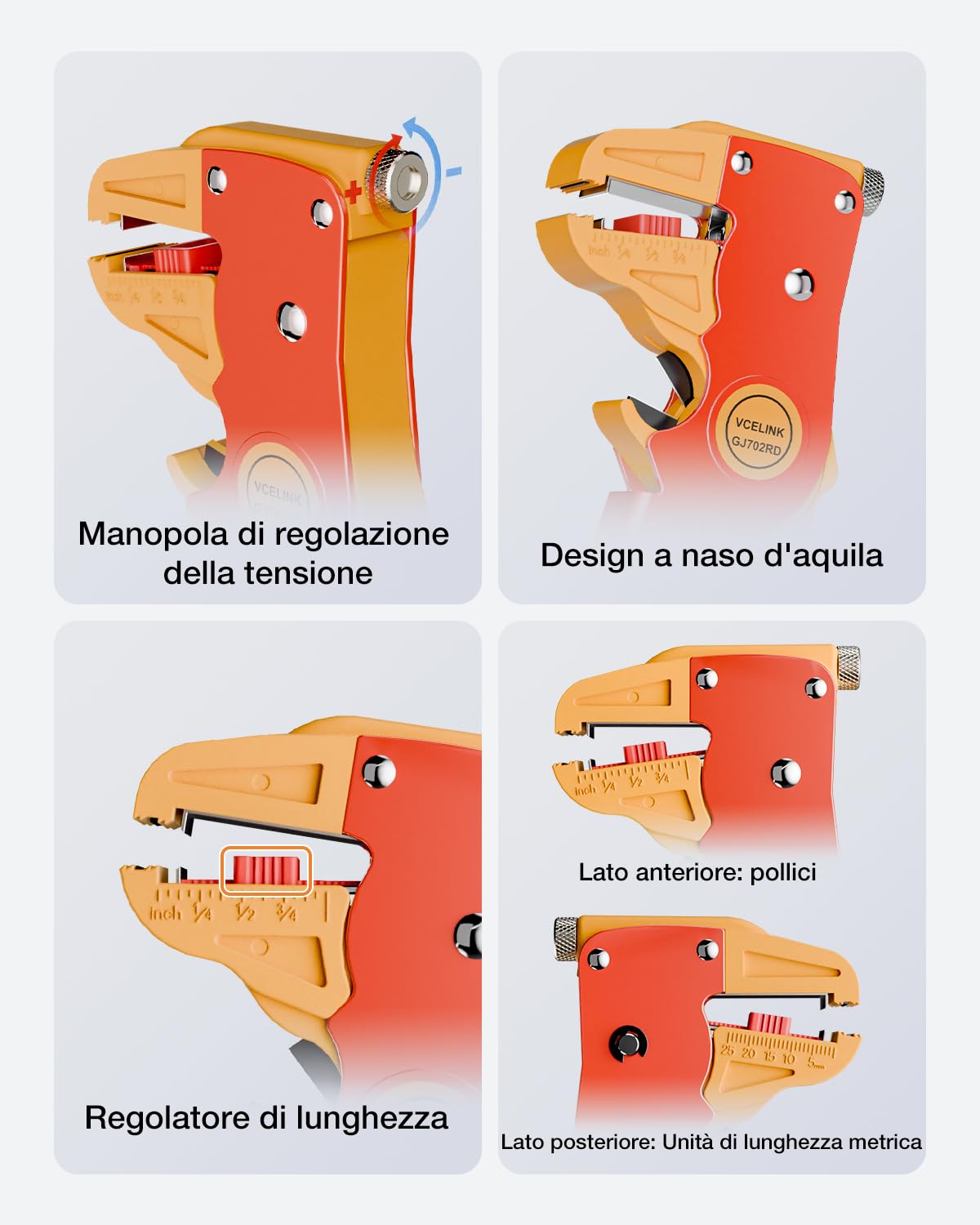 VCELINK Pinza Spelafili Automatica 2 in 1 Lama Mn65 Spelatura 0,2-6 mm² Taglio 0,08-8 mm Rosso/Arancione