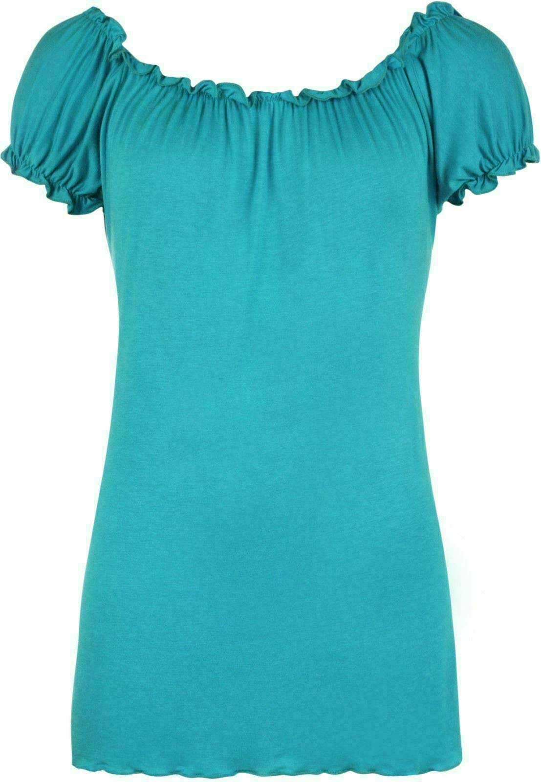FAIRY BOUTIQUE Ladies Off Shoulder Gathered T Shirt Tops Womens Gypsy Boho Ruched Elasticated Stretch Top Turquoise
