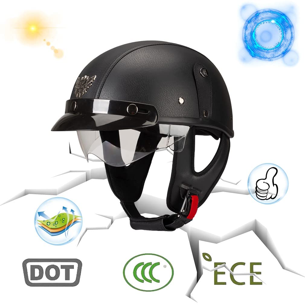 Kask motocyklowy Kask Vintage Jet Skórzany kask z certyfikatem ECE/kropka Kask Cruiser Chopper Kask Skuter Kask Motocyklowy Kask Moped Odpowiedni dla dorosłych mężczyzn i kobiet