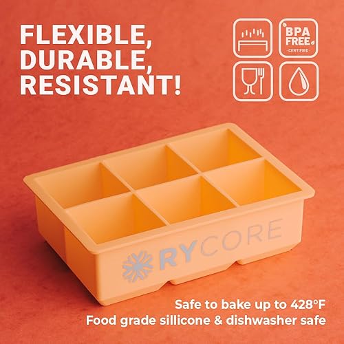 Miniatura 3 de 1 molde cuadrado grande para cubitos de hielo de 2 pulgadas, 6 cubos, naranja vibrante, perfecto para hacer cubitos de hielo grandes para whisky,