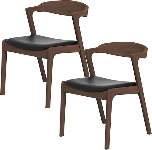 Silla de comedor de cuero negro de madera maciza, juego de 2, moderna de mediados de siglo, marrón nogal, altura del asiento 18 pulgadas
