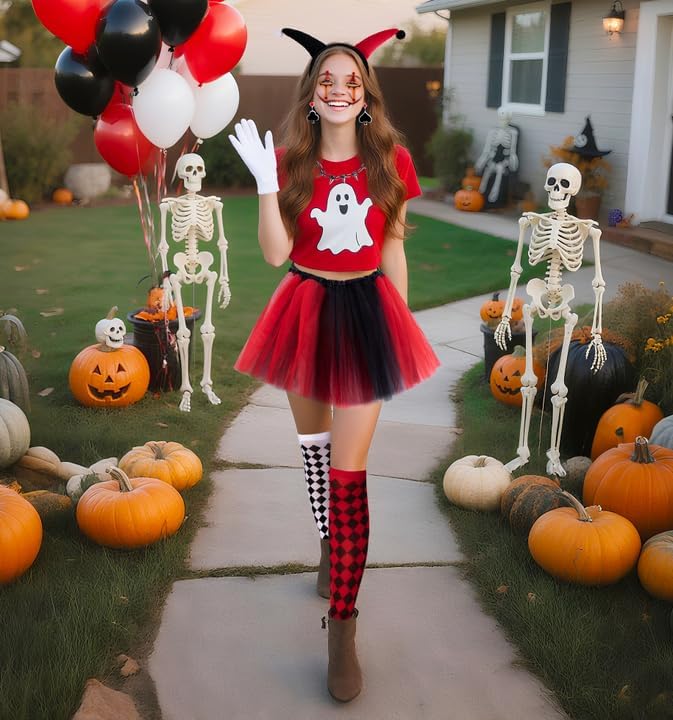 Watayo 13 Pcs Women Halloween Clown Costume Set, Black Red Clown Cosplay Outfit Accessories, Clowns Skirt Necklace Headband Sock Glove Mask Earrings Horror Stickers Balloon for Adults Halloween Party - Image 4