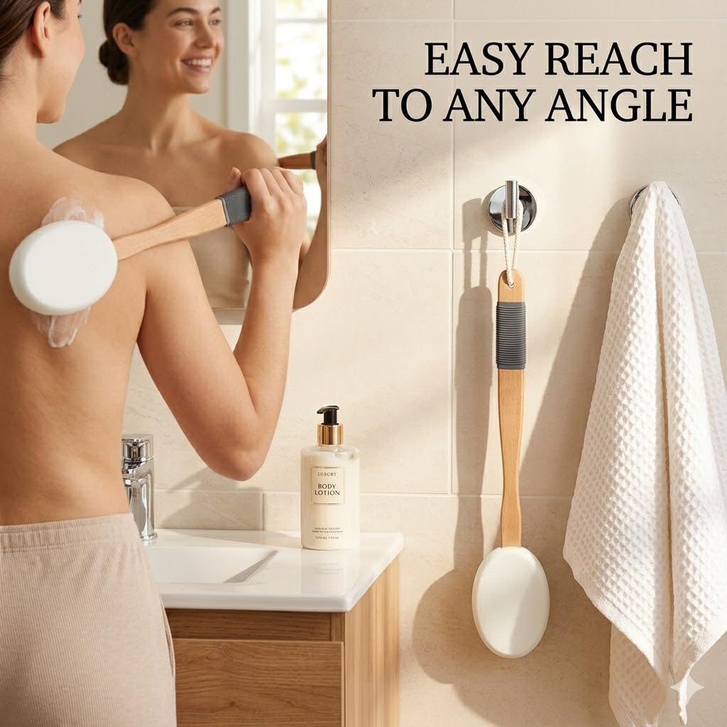 Aplicador de Crema para la Espalda con Mango Largo de Madera Antideslizante, Cepillo Espalda para Aplicar Loción Solar e Hidratante, Esponja con Mango Largo para Personas Mayores