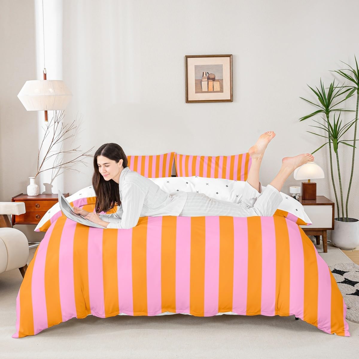 Kids Pink Orange Bedding Set Toddler Size Abstract Duvet Cover for Boys Girls Bedroom Decor Stripes Comforter Cover Breathable Soft Microfiber Women Men Geometric With 1 Pillow Case ,No Comforter