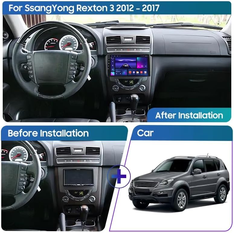 Comparison image showing a car dashboard before and after installation of the LZHIF car radio.