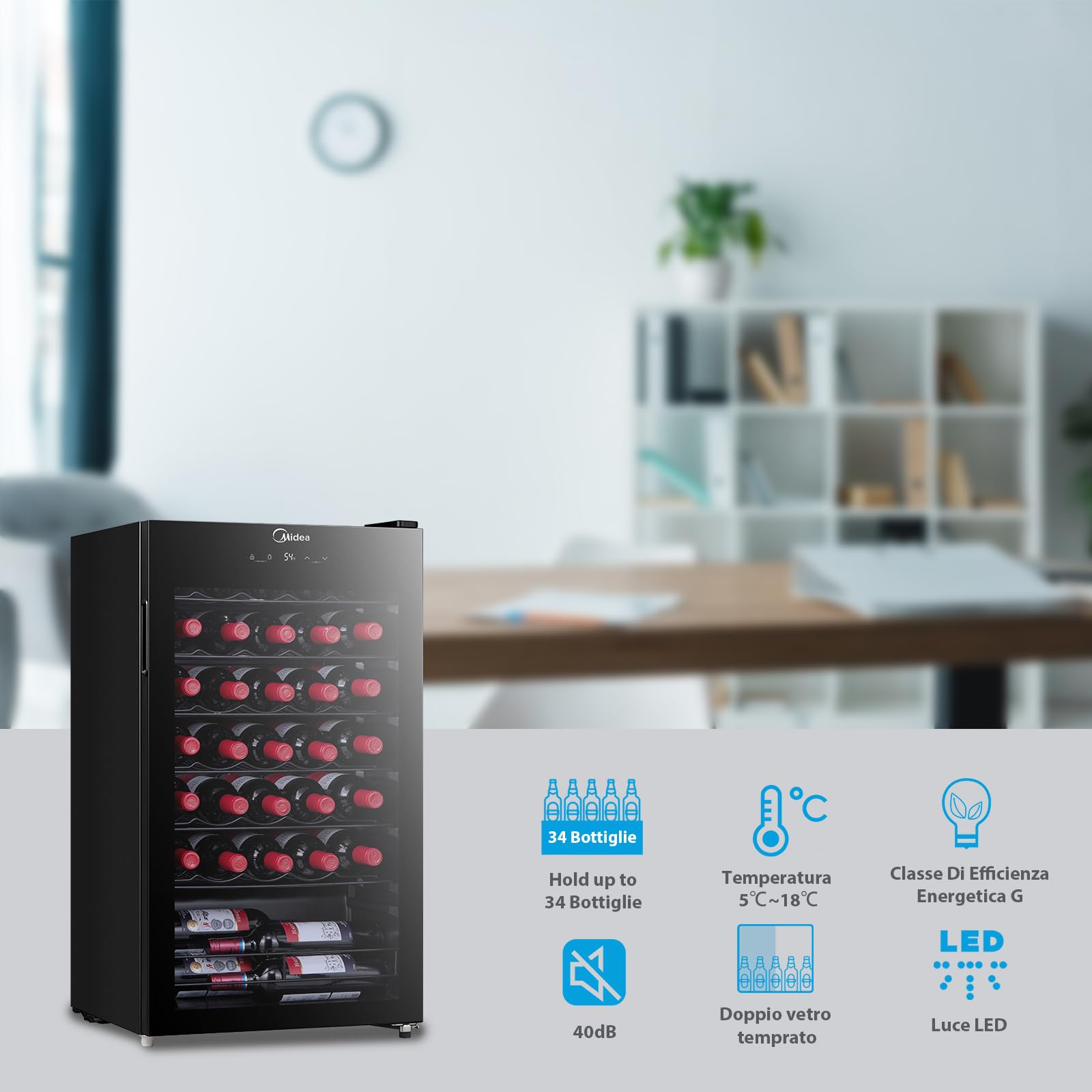 Midea Cantinetta Vino MDRW150FGG22, 34 Bottiglie, 1 Zona 5℃-18℃, Display Touch, Silenziosa 40 dB, Vetro Anti-UV, LED 3D, Installazione Libera, 47x44x84.5 cm, Nero