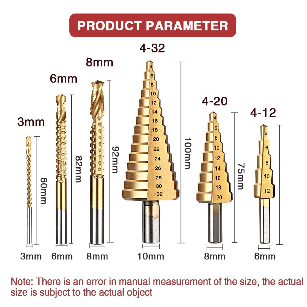 Set di Punte da Trapano 6/3 Pezzi 4-12 4-20 4-32 mm 3 6 8 mm per Apri Fori in Metallo per la Lavorazione del Legno, 6 Pezzi con Sacchetto OPP