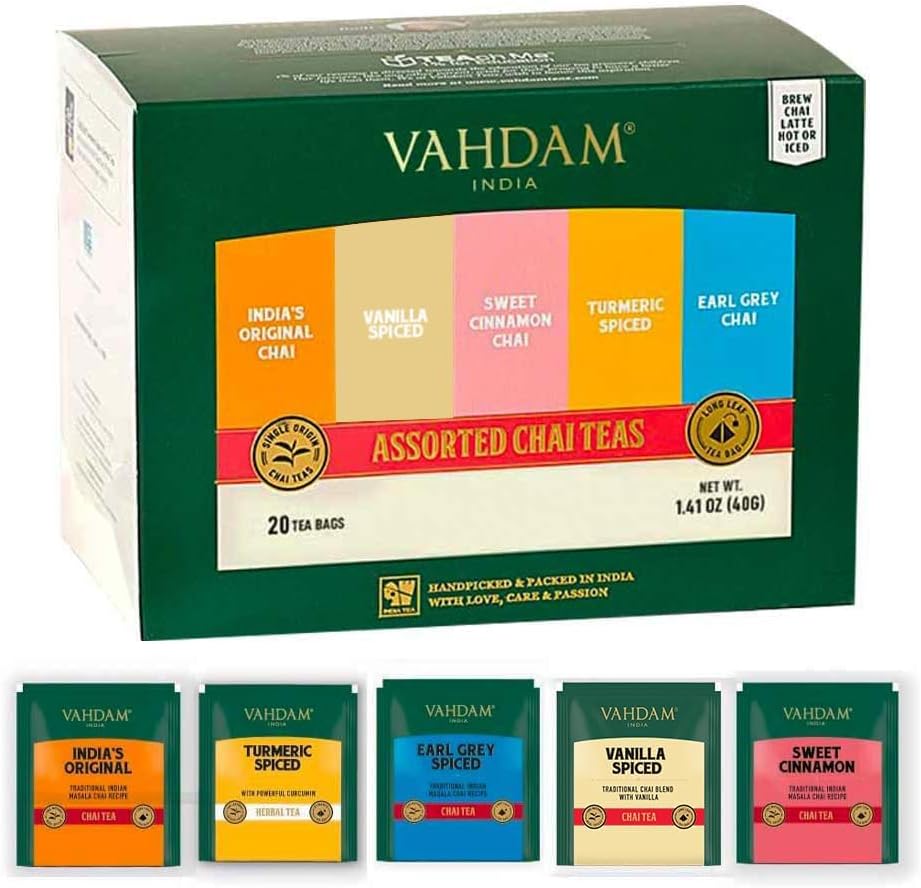 Assorted Chai Tea Bags Sampler (5 Flavors, 20 Ecofriendly Pyramid Tea bags) I Gift Ideas for Women & Men | Masala Chai Tea Varieties from India | Gluten Free & Non GMO | Gifts for Him/Her