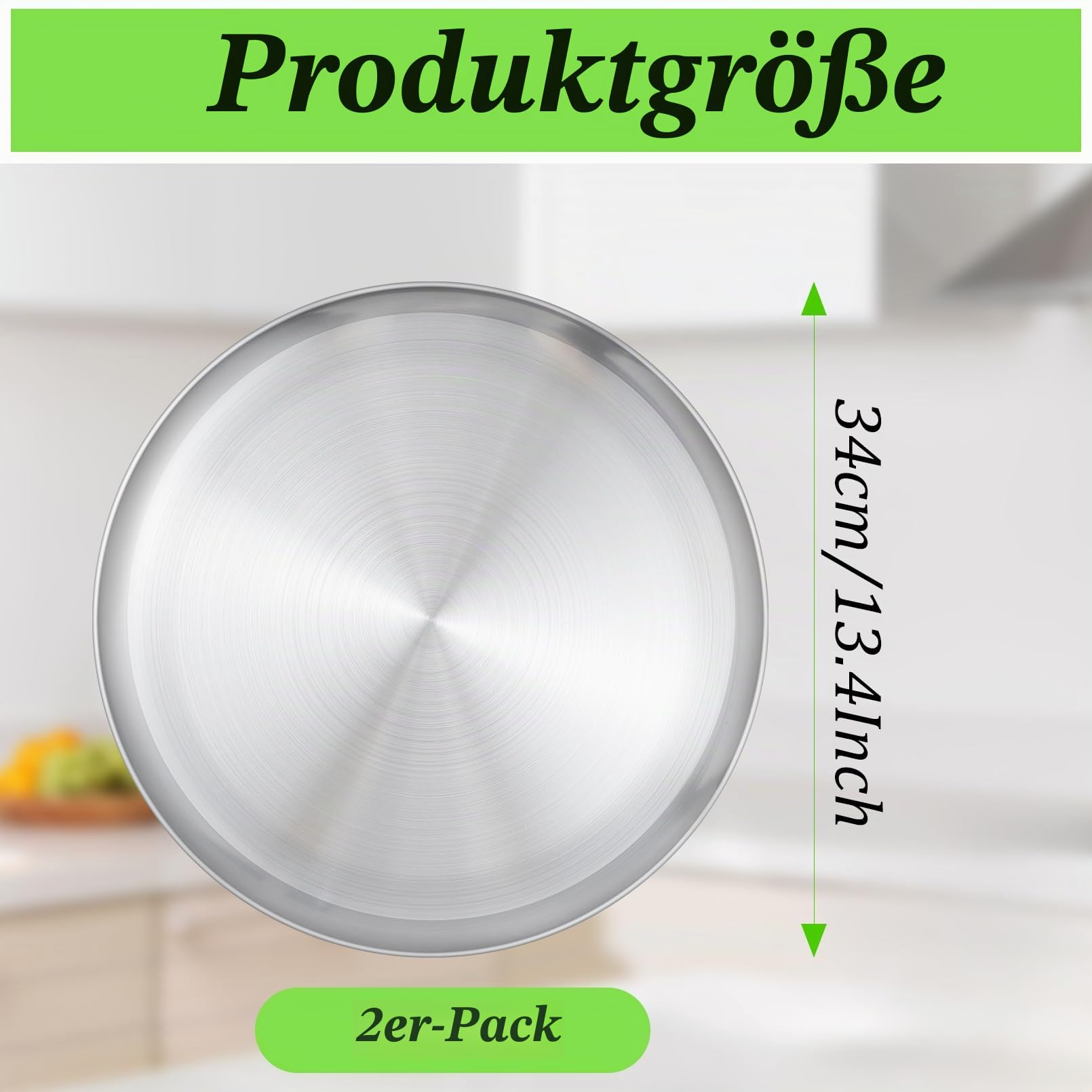 Jeffbaubl 2 Stück Pizzablech, Rund Edelstahl Pizzaform, Pizza Backblech für Backen Servieren, Pizza Blech aus Edelstahl, Einfach zu Reinigen, Spülmaschinenfest, Langlebig, 34x2,3 cm