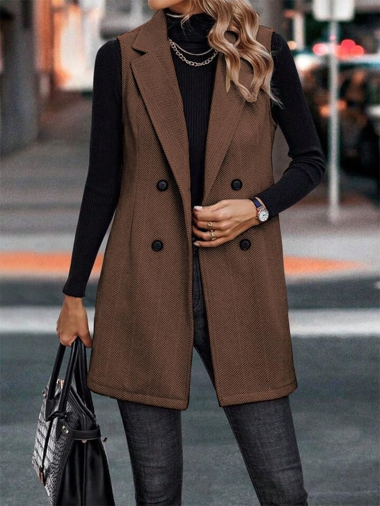 IDEALSANXUN Long Vest for Women Sleeveless Tweed Blazer Fall Jackets Cardigan Outerwear