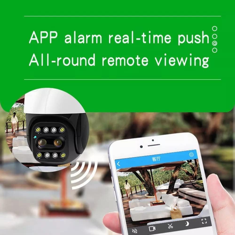 A smartphone screen displaying the CareCam app with a live view from the camera and an 'APP alarm real-time push' notification