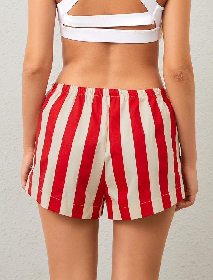 Image of Women Striped Boxer Shorts Casual Wide Leg Drawstring Low Rise Elastic Waist Pajama Lounge Pj Sleepwear, Large, Red