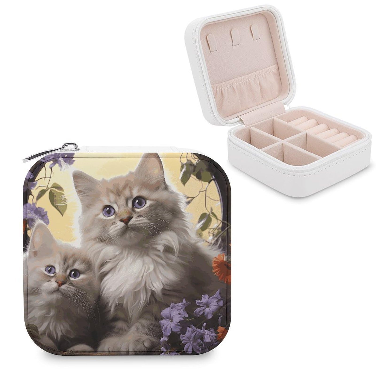 VstaDank Cat Flowers Jewelry Box Portable Mini Travel Case Display Storage Holder Boxes PU Leather Small Jewelry Organizer for Women for Stud Earrings Rings Necklaces Bracelets