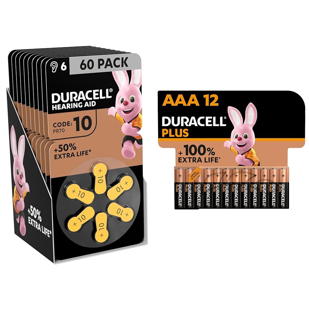 Duracell - 10 Giallo, Batterie per Apparecchi Acustici con Easy Tab, confezione da 60 & Batterie Plus AAA (pacco da 12) - Alcalina 1.5V - Fino al 100% di extra durata