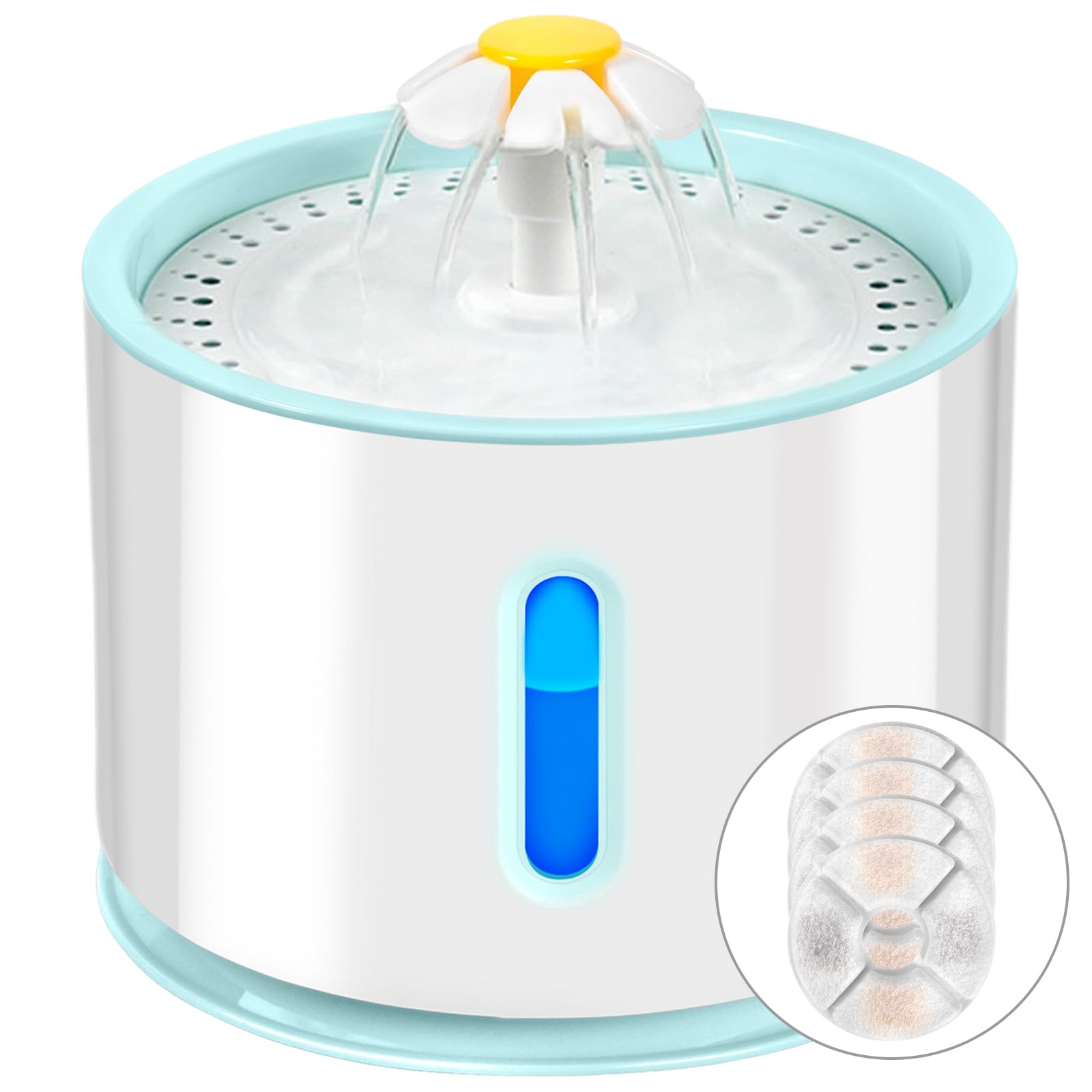 AQXONG Bebedero para Gatos 2.4L con Cuatro Filtros de Carbón Activado, Fuente de Agua para Mascotas Ultra Silenciosa con luz LED - Sistema de Filtración Cuádruple, Tres Modos de Flujo de Agua