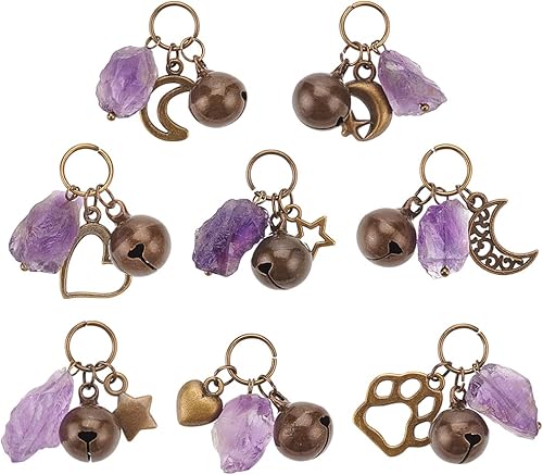 8 dijes de amatista natural para mascotas, collar de luna y estrella, corazón, campanas de cristal con colgantes de aleación para gato, perro,