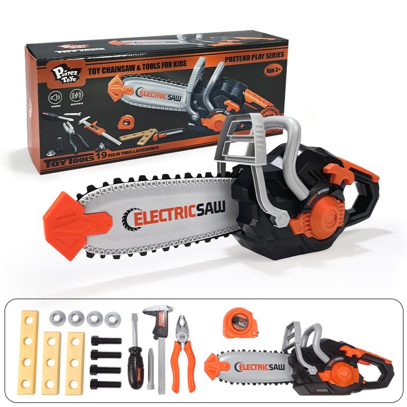 Pairez ToysChainsaw for Kids, 19PCS Pretend Play Tools Set, Toy Home Tools Kit, Electric Chain Saw with Realistic Sounds, Outdoor Gardening Toys, Birthday Gifts for Boys & Girls Age 3 4 5+