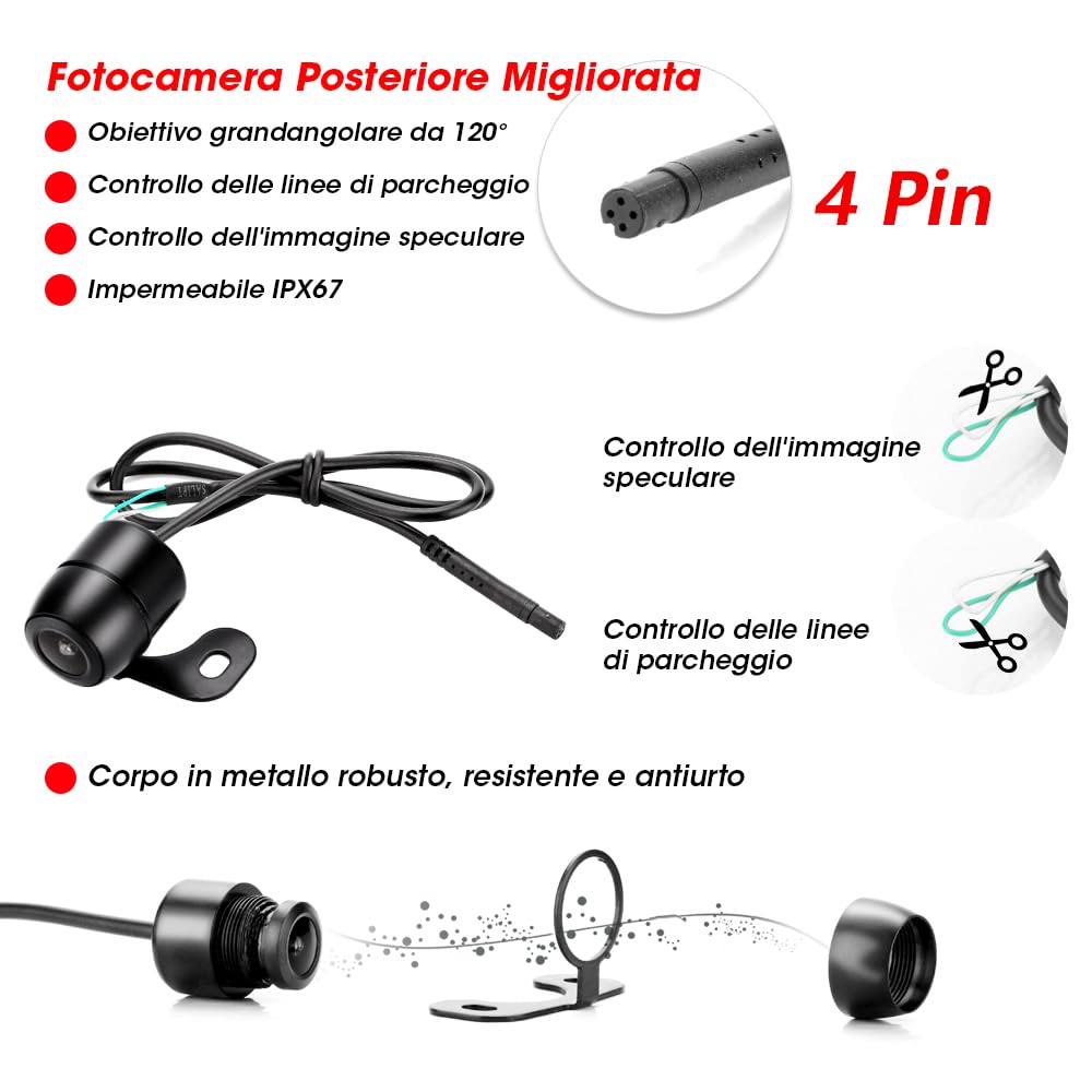 Telecamera di retromarcia per auto con monitor LCD da 4.3 '' Telecamera di retromarcia IP68 Impermeabile Kit di visione notturna Sistema di Assistenza Parcheggio