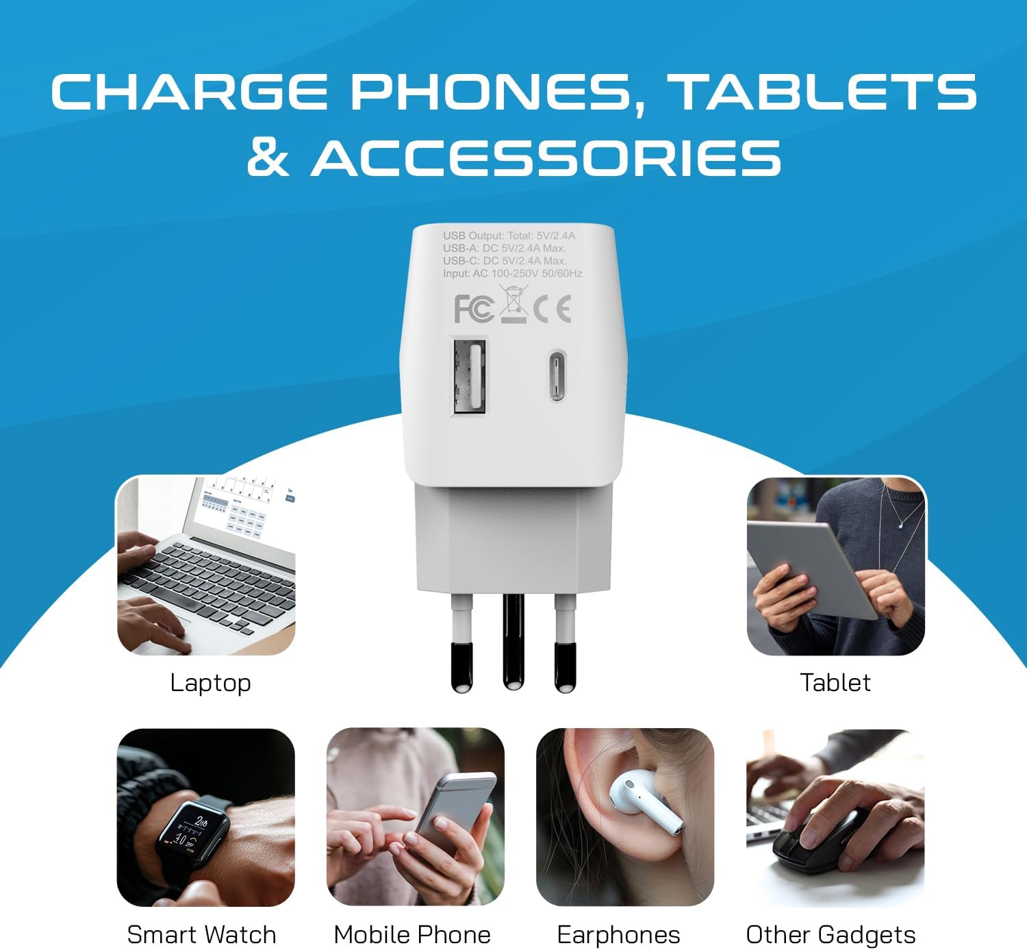 Ceptics Brazil Travel Plug Set - with USB-A + USB-C + USA Socket Input - Type C and Type N- Ultra Compact - Safe Grounded Perfect for Cell Phones, Laptops, Camera Chargers