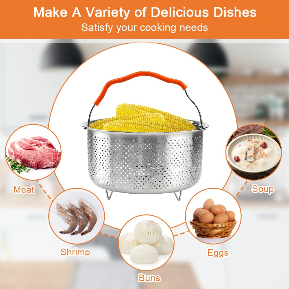 Cesta de Vapor Acero Inoxidable 2L 17.5cm Cesta para Vapor de Olla Cesta Vaporera de Verduras Cesta de Vapor para Olla a Presión Castillo Multiusos con Mango para Verdura Huevo Rroz + Esponja