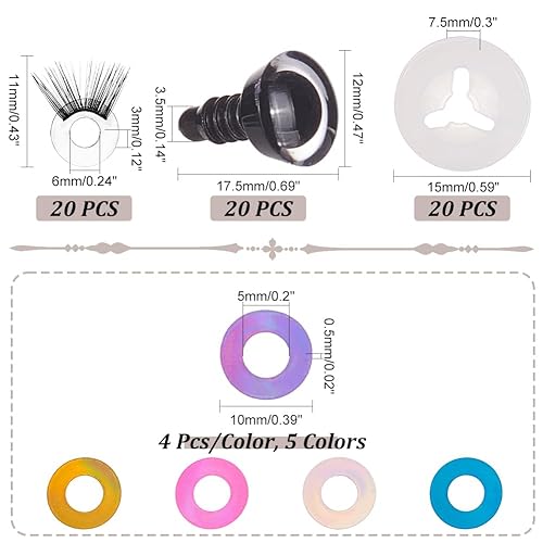 Miniatura 2 de PH PandaHall 20 juegos de ojos de seguridad con pestañas, 5 colores, ojos de animales de peluche, ojos de ganchillo artesanales con arandelas, ojos