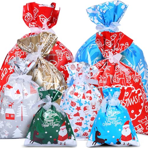 クリスマス ラッピング 袋 16枚入 プレゼント 袋 グリーティングバッグ ギフトバッグ 4サイズ 小 中 大 特大(S〜XL) 8デザイン カラフル 16本リボン付き