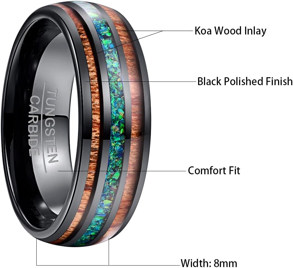 NUNCAD 6mm/8mm Handmade Tungsten Wedding Ring with Hawaii Koa Wood Domed Black Tungsten for Men Women Sets Comfort Fit Size 5-17 - Image 4