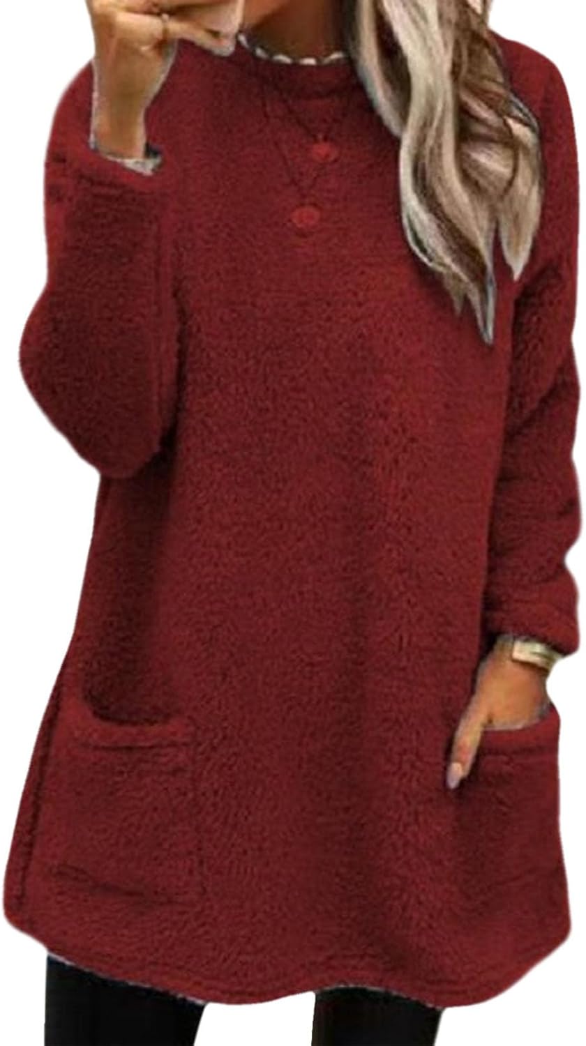 Women's Oversized Sherpa Sweatshirt Pullover Long Sleeve Casual Fall Winter Crewneck Fluffy Sweatshirt with Pockets