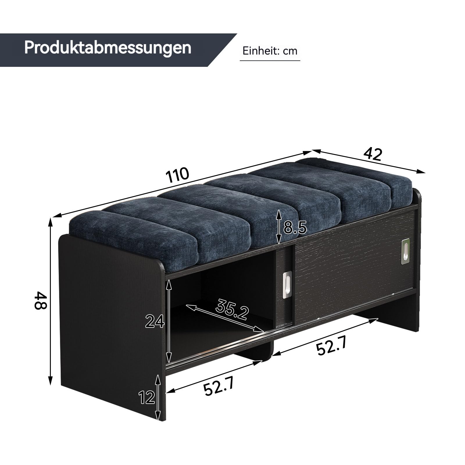 Miuuod 110cm Shoe Storage Bench, Double Deck Shoe Bench with 2 Slide Doors, Shoe Changing Stool with Cushion Padded Seat for Entryway, Living Room, Bedroom and Hallway