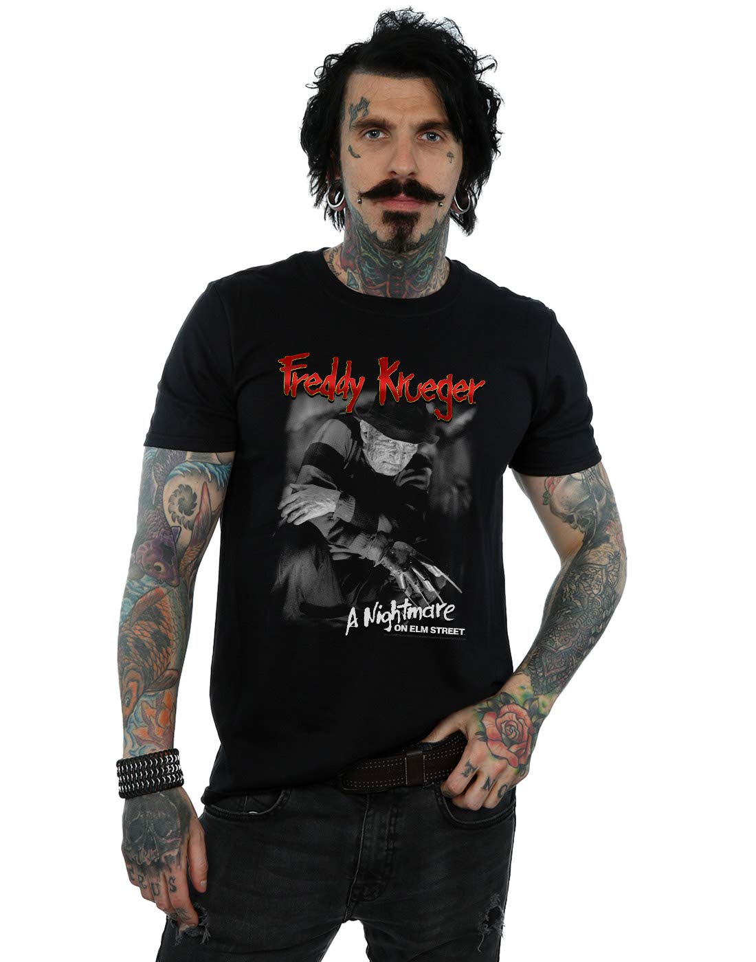 Absolute Cult Men's Black A Nightmare On Elm Street Freddy And White Photo T-Shirt Medium