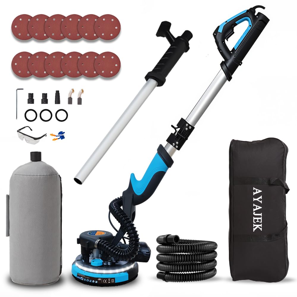 Lijadora de jirafa, lijadora de pared profesional 750 W con colector de polvo, lijadora eléctrica para techos y paneles de yeso de 7 velocidades variables (azul)