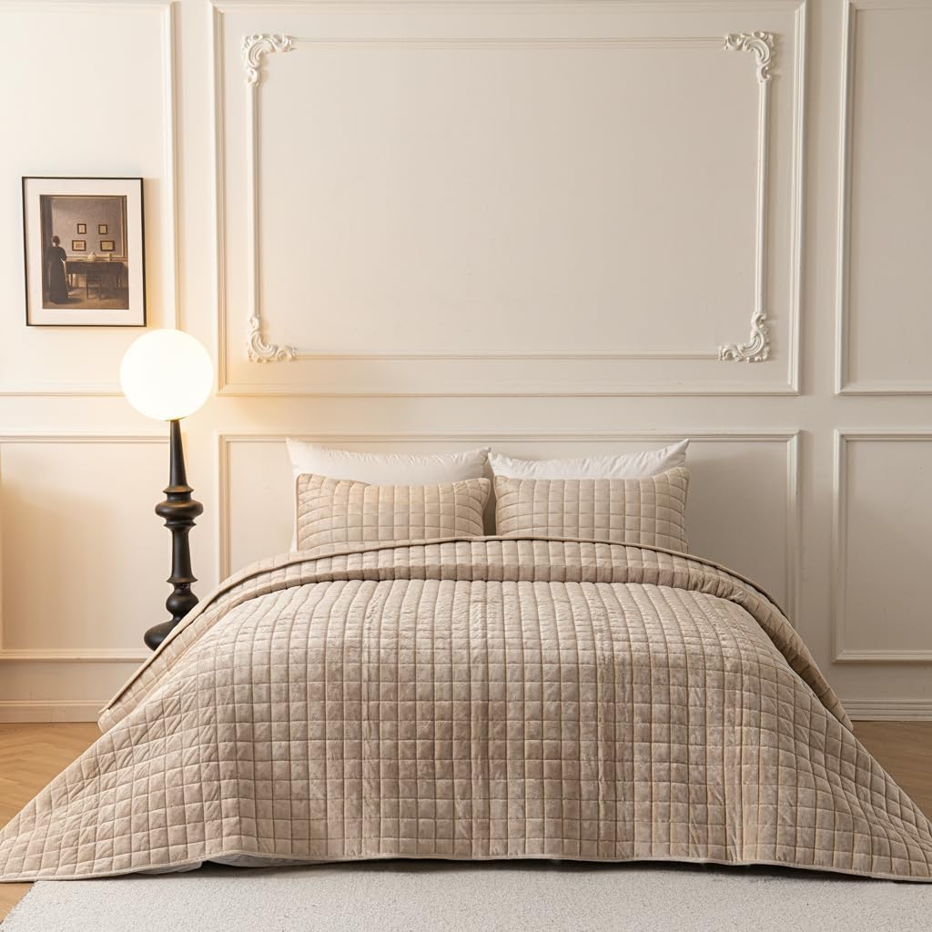 BOV Luxury Velvet Quilt and Sham Set, Cozy Queen Size Quilt Soft Comforter Set Lightweight Bedspread Coverlet Set Queen, Taupe Comforter 92"x96"