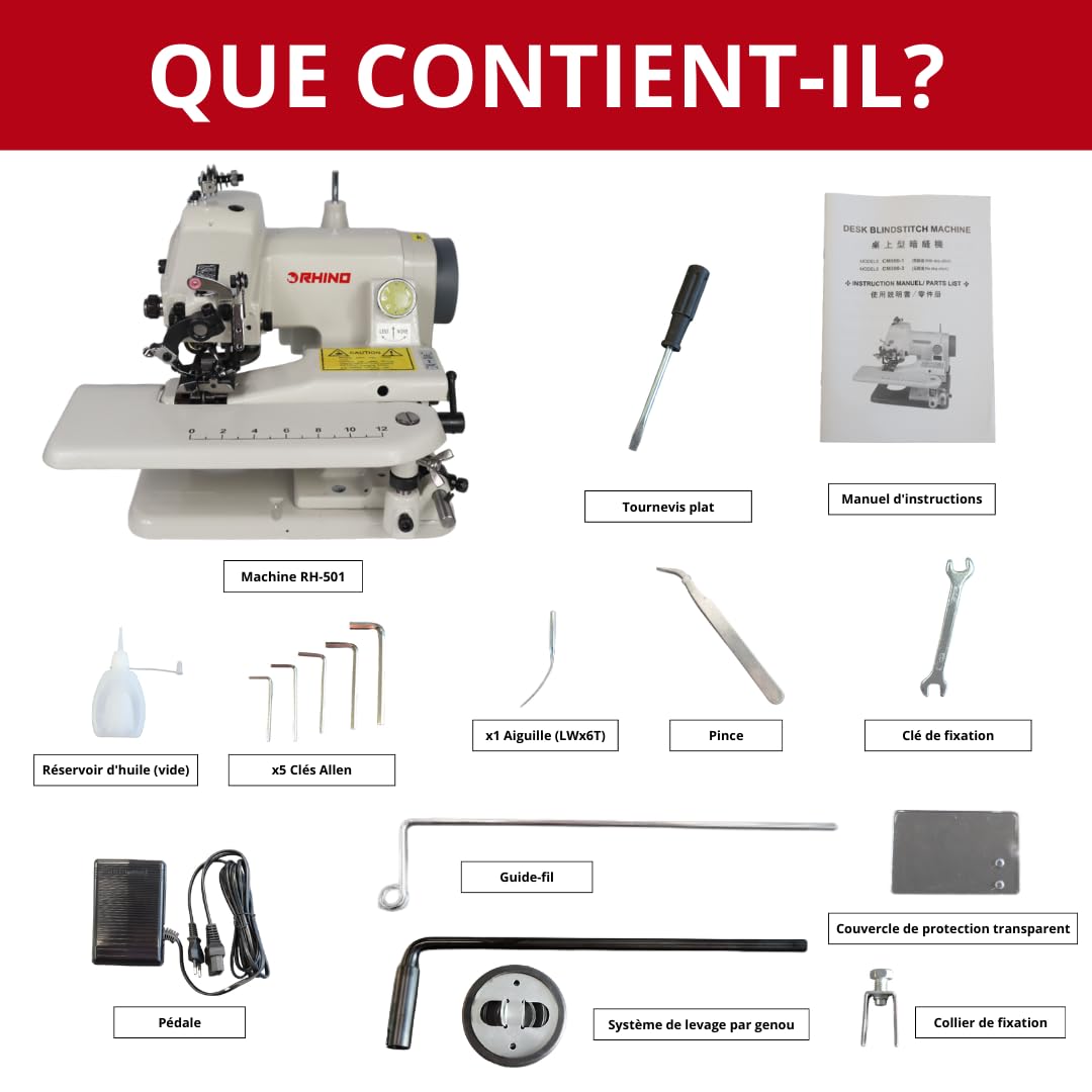 RHINO Smart Solutions - RH-501 Machine à coudre portable semi-industrielle à point invisible RH-501 Tissus fins et ourlets moyens invisibles sur bas de pantalons, robes (avec/sans point saillant)