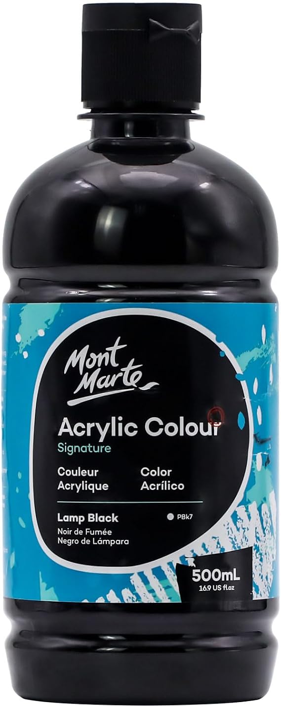 Mont Marte Signature Black Acrylic Paint 16.9oz 500ml Semi-Matte Finish Suitable for Canvas Wood Fabric Leather Cardboard Paper MDF and Crafts