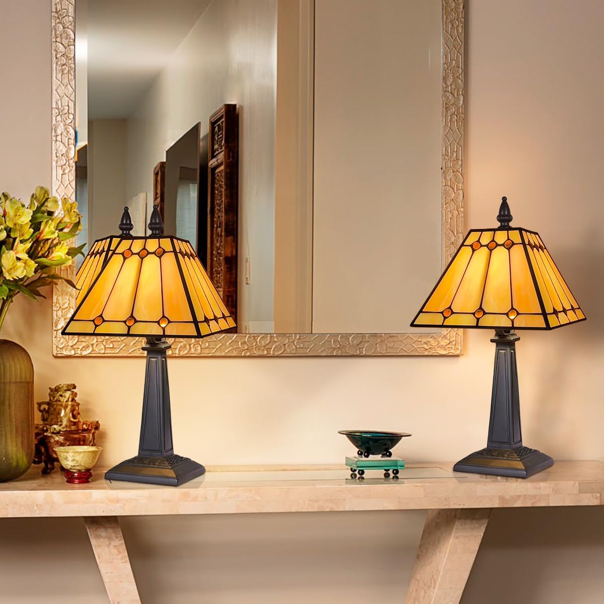 Tiffany Table Lamps Small Handmade Stained Glass Accent Table Light Mission Style Antique Desk Lamp for Bedroom Living Room Home Office