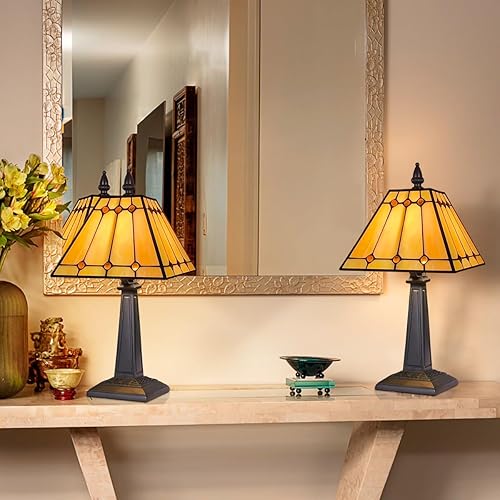 Miniatura 5 de Tiffany - Lámparas de mesa pequeñas hechas a mano con vitrales, estilo misión, lámpara de escritorio antigua para dormitorio, sala de estar, oficina