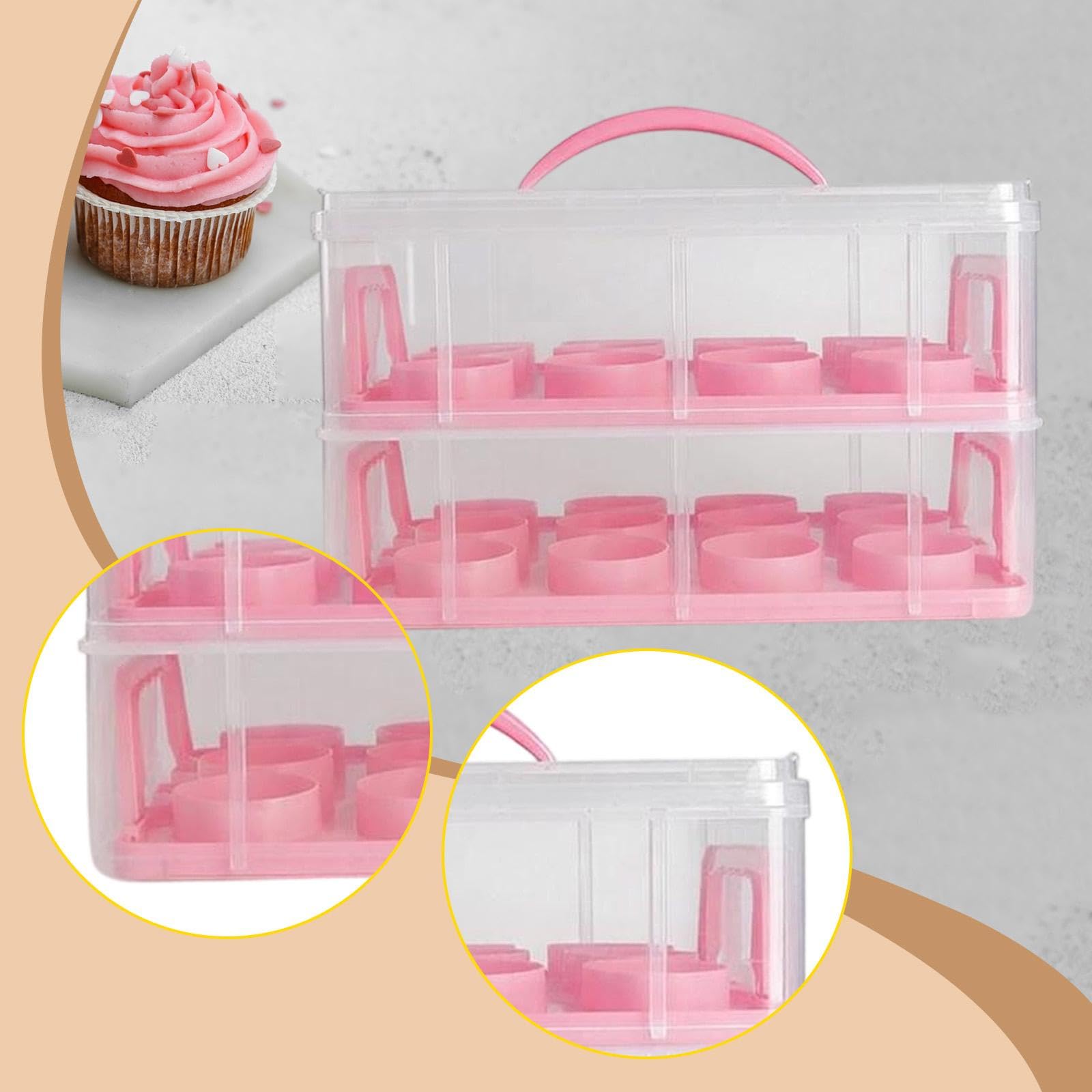 Qianly Caja portatartas de cumpleaños con asa, 24 Compartimentos, Ligera, de Dos Niveles, para Guardar Pasteles y horneados, Rosa