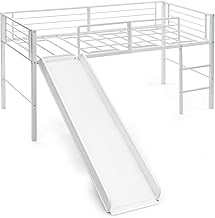 LIFEZEAL Bunk Bed 90 x 200 cm, Bunk Bed with Slide & Ladder, Metal Bed with Slatted Frame and Safety Grids, Space-Saving Children's Bed for Bedroom and Children's Room (White)