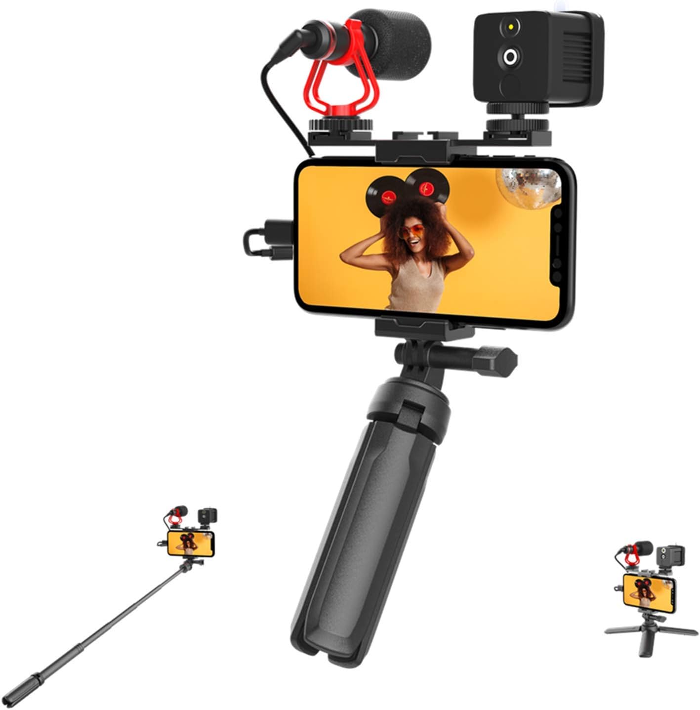 Mirfak Smartphone Vlogging Kit With Microphone, Selfie Light, Tripod, Extension Pole, and Video Editing App for iOS Android